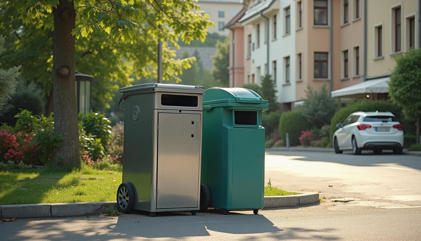 Mülltonne aus Metall und Mülltonne aus Plastik